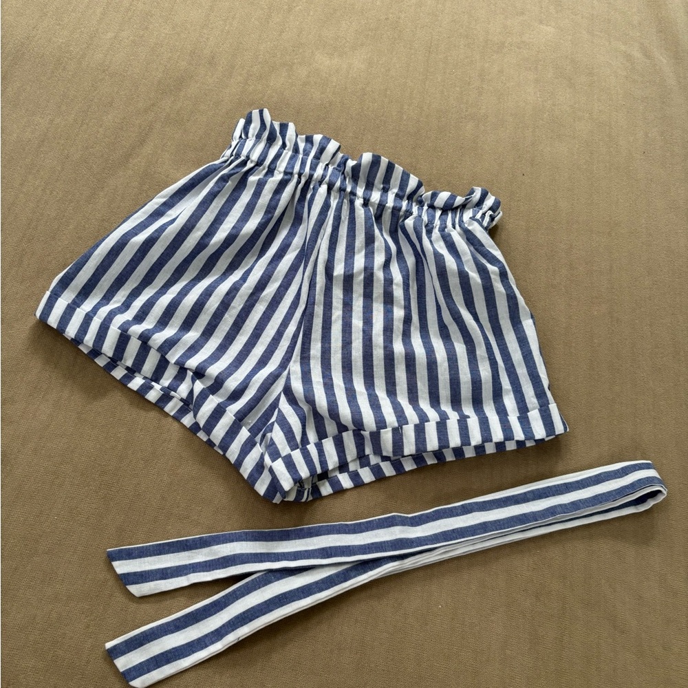 Blue and White Striped Shorts with Belt